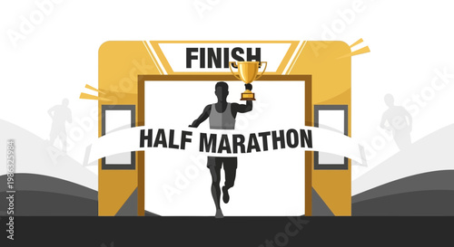 Celebrate Victory Marathon Runner Crossing Finish Line With Trophy