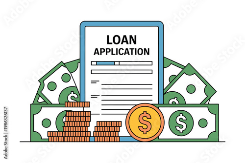 A loan application form surrounded by stacks of money and coins on a white background.