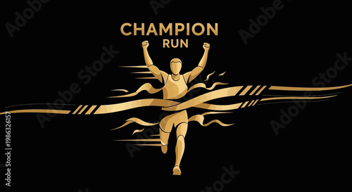 Champion Runner Achieving Victory Over The Finish Line With Golden Streamers