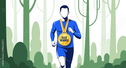 Champion Runner in a Forest with Achievement Medal, Achieving Success with Determination