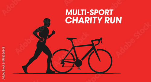 Charitable Multi-Sport Event Advertising Silhouette With Cyclist And Runner Against Red Background