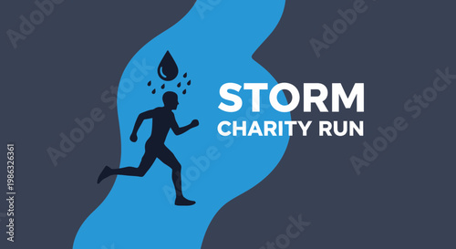 Charitable Storm Running Event In Progress With Athletic Runner And Rain Symbols