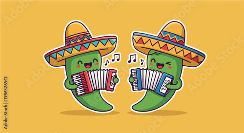 Mexican chili pepper characters playing accordion, cute jalapeno musicians wearing sombreros, festive Cinco de Mayo cartoon vector illustration