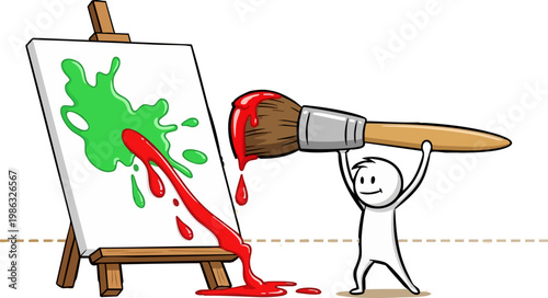 Cartoon stick figure artist painting on canvas easel, creative person with giant paintbrush and red paint splatter, artistic hobby vector illustration
