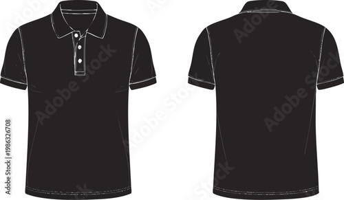 Black polo shirt vector template, front and back view of male short sleeve polo, blank apparel mockup for branding and uniform design