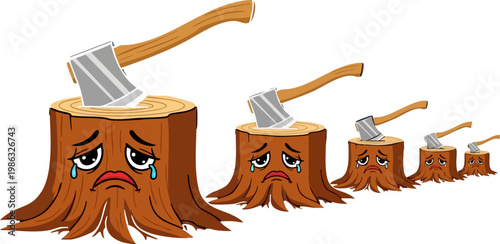 A poignant illustration depicts multiple cartoon tree stumps, each adorned with a sad, crying face and an embedded axe, symbolizing the environmental impact and deforestation on natural forests.