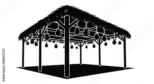 Silhouette of a traditional tropical thatched roof pavilion with hanging pots
