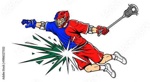 Lacrosse Player Mid-Air Action