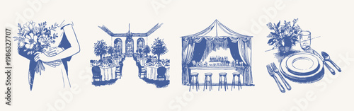 Bride bouquet banquet hall bar table floral composition. Depicts woman with flowers, decorated hall, bar counter and dining setup. Illustrations for branding and menus in hand drawn style.