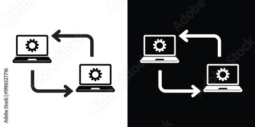 Laptop icons featuring gear symbols and directional flow arrows. Concept of hardware synchronization, system updates, technical maintenance, and computer network processing.