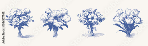Floral bouquets peony rose arrangements elegant wedding collection. Features multiple flower compositions in classic shapes. Illustrations for invitations and decor in engraving style.