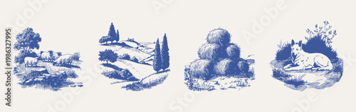 Sheep meadow landscape haystack dog rural countryside set. Scenes show grazing animals, rolling hills and farm elements. Illustrations for textile and decor in hand drawn ink sketch style.