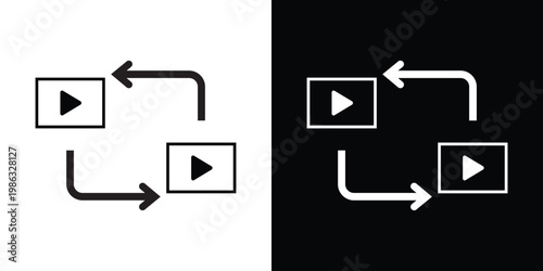 Media player icons with play buttons and circular arrows. Illustrates video streaming, multimedia content exchange, digital distribution, and video playback workflow.