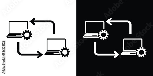 Laptop icons featuring gear symbols and directional flow arrows. Concept of hardware synchronization, system updates, technical maintenance, and computer network processing.