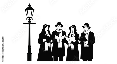 Happy people singing Christmas carols together outdoors at night near streetlamp in winter season festive holiday tradition