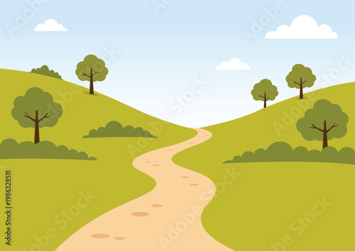 Winding dirt path in green hills landscape with trees and blue sky background.