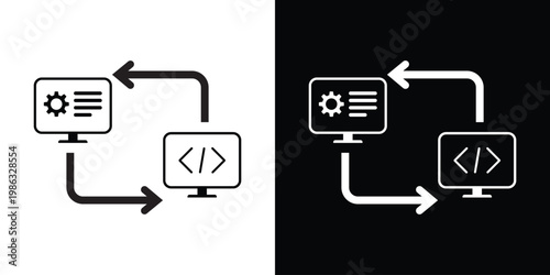 Computer screen icons with gear and coding symbols connected by arrows. Represents software development life cycle, automated programming workflow, and digital system integration.