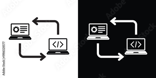 Computer screen icons with gear and coding symbols connected by arrows. Represents software development life cycle, automated programming workflow, and digital system integration.