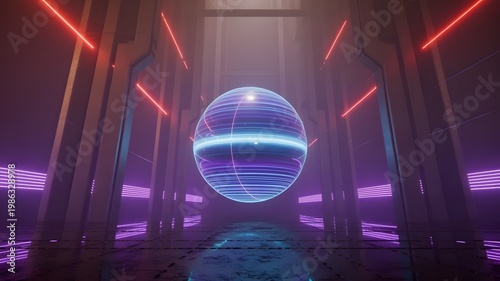 Futuristic glowing orb in neon-lit corridor with digital light trails and cyberpunk ambiance