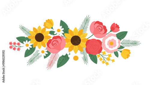 A festive garland of sunflowers, roses, and greenery adds a touch of beauty to a design.