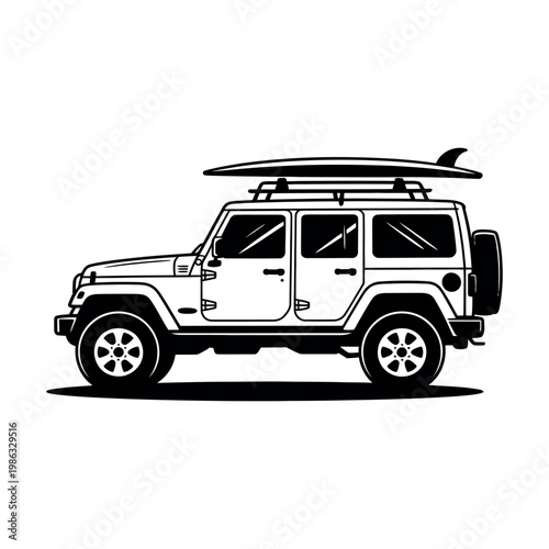 A black and white illustration of a Jeep Wrangler with a surfboard on top, ready for adventure.