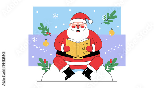 Santa Claus sits on snow reading a book with festive holiday decorations in the background.