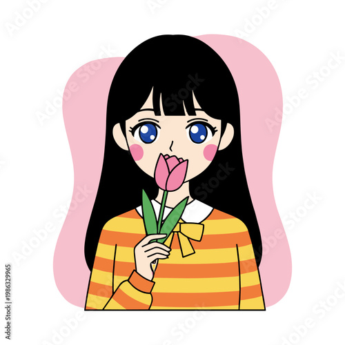 A young anime-style girl with black hair smelling a delicate pink tulip flower.