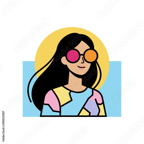 A woman with long dark hair wears colorful geometric-patterned clothing and large retro sunglasses.