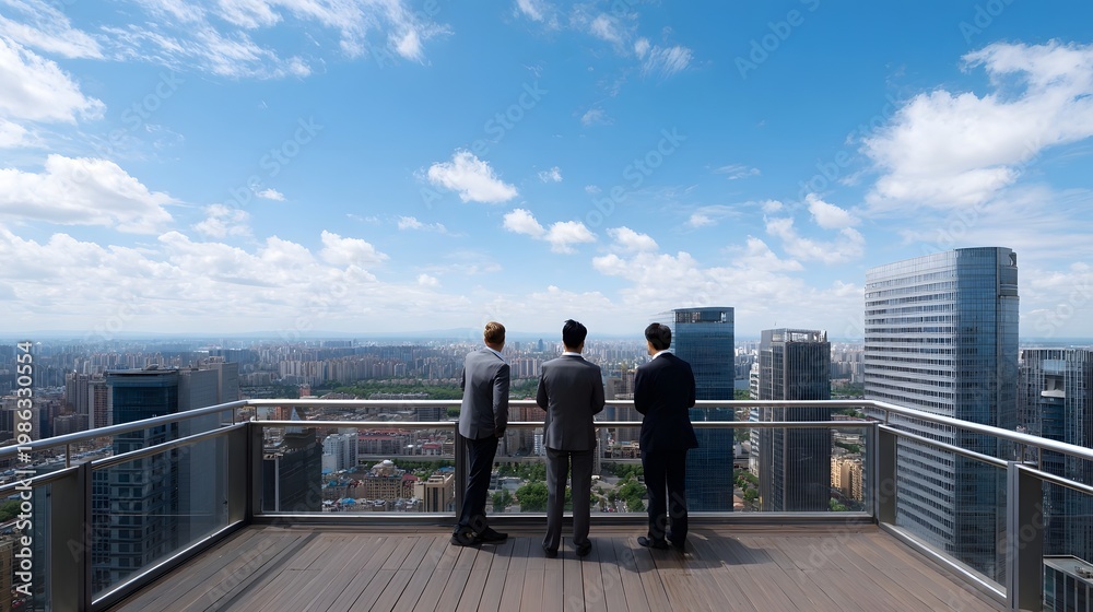Naklejka premium Three professionals survey the vast panoramic view of a modern metropolis from a high rooftop terrace under a bright blue sky