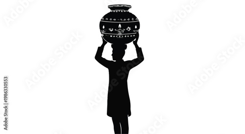 African woman silhouette holding colorful decorative clay pot on head traditional cultural symbol in black outline