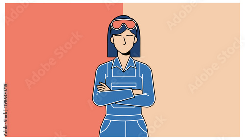 A confident woman in blue overalls and orange safety goggles stands with her arms crossed.