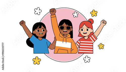 Three diverse young girls joyfully raise their fists in unity, celebrating strength and solidarity.