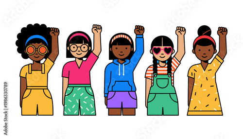 Five diverse young girls confidently raise their fists together, symbolizing collective power and unity.