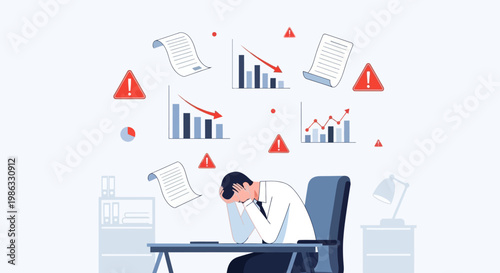 Man Stressed at Office Desk.