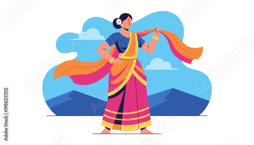A woman in a colorful sari gracefully drapes her vibrant orange and pink fabric against mountains.