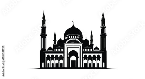 Islamic mosque building architecture silhouette illustration with minarets and dome on white background for religious cultural concept