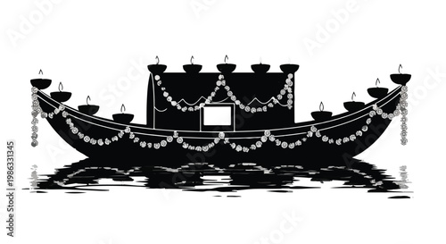 Decorated boat with string lights floating on water, festive nautical decoration, black and white illustration, holiday or celebration concept