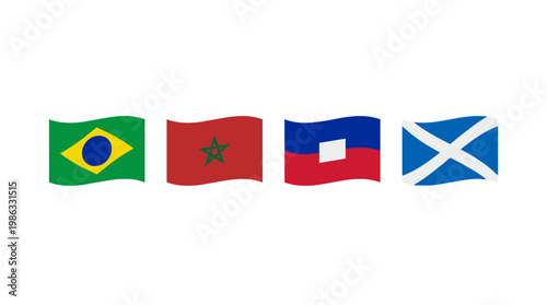 A vibrant array of flags waving, representing Brazil, Morocco, Haiti and Scotland