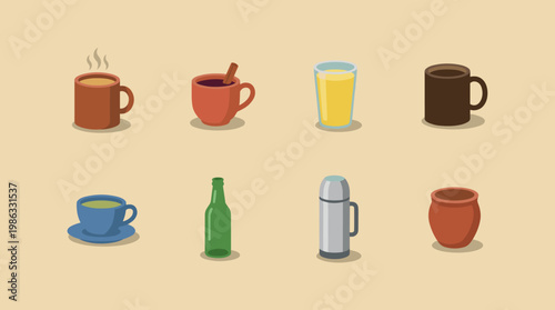 Assorted set of 3D cups, mugs, glass bottles, thermos bottles, and teapots