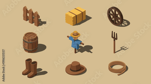 Collection of 3D Isometric Agricultural Elements: Scarecrow, Hay Bale, Fence, Wheelbarrow, and Tools