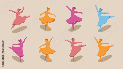 Vibrant Dancers Array: Colorful Ballerina Silhouettes in Graceful Motion on Stages
