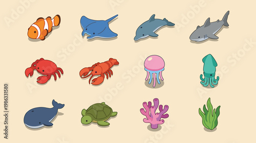 A collection of cute marine animals and sea life in 3D cartoon style