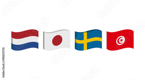 A set of four distinct, three-dimensional national flags waving, representing the following countries: Netherlands, Japan, Sweden and Tunisia