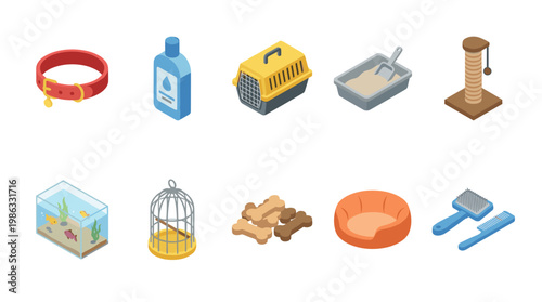 3D isometric group of supplies and accessories for pet care