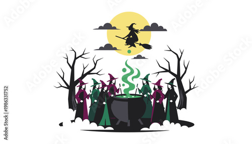 A coven of witches in colorful robes gather around a bubbling cauldron under a full moon on Halloween night.