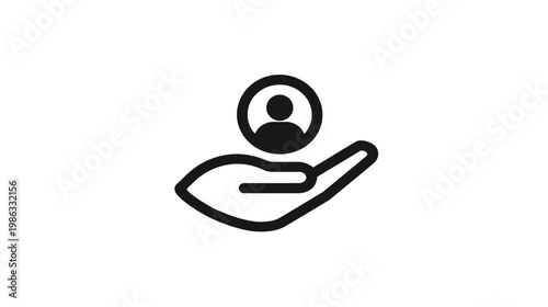 User support, customer service, and human resources concept icon. Hand holding a person symbol for care and assistance.