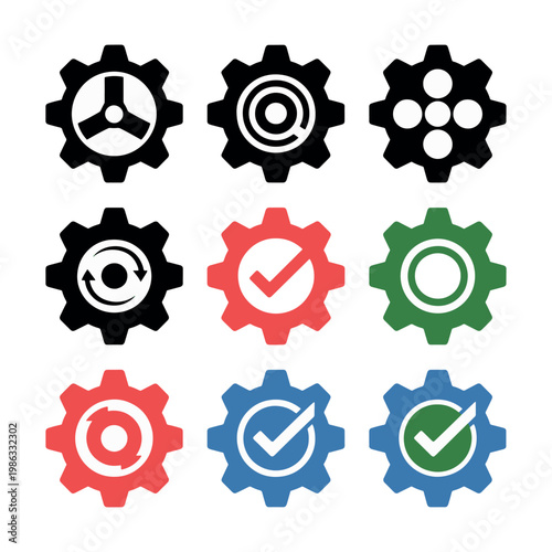 Settings Gear Icon Set Process Automation Workflow Check Symbols Pack