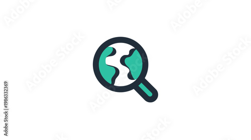 Global Search Icon with Magnifying Glass and World Map. International Business Exploration, Discovery, and Digital Research Symbol.