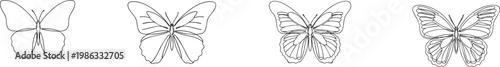 Minimalist vector illustration showing a continuous line art butterfly design evolving through four detailed stages.