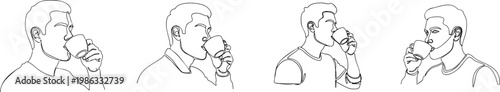 Four men enjoying hot beverages from mugs in a continuous line art vector illustration graphic design.